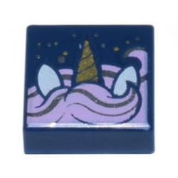 Tile 1 x 1 with Groove with Gold Unicorn Horn, White Ears, Bright Pink and Silver Mane, and Sparkles Pattern: {земно син}