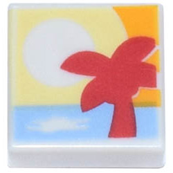 Tile 1 x 1 with Groove with Bright Light Yellow and Orange Sunset, Bright Light Blue Water, and Red Palm Tree Pattern: {бял}
