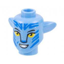 Minifigure, Head, Modified Alien Navi with Yellow Eyes, Silver Spots, Blue Markings, Open Mouth Smile with Teeth Pattern: {умерено син}