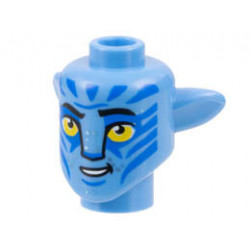 Minifigure, Head, Modified Alien Navi with Yellow Eyes, Silver Spots, Blue Markings, Lopsided Open Mouth Smile with Teeth Pattern: {умерено син}
