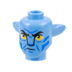 Minifigure, Head, Modified Alien Navi with Yellow Eyes, Blue Markings, Frown Pattern: {умерено син}