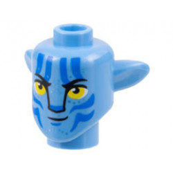 Minifigure, Head, Modified Alien Navi with Yellow Eyes, Silver Spots, Blue Markings, Smirk with Left Corner Lifted Pattern: {умерено син}