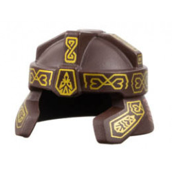 Minifigure, Headgear Helmet Castle with Cheek and Neck Protection with Gold Ornaments and Copper Armor Panels Pattern (Gimli): {тъмно кафяв}
