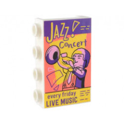 Panel 1 x 4 x 2 with Side Supports - Hollow Studs with Bright Pink, Coral, Dark Purple, and Yellow Poster of Minifigure with Trumpet, JAZZ! Concert, and every friday LIVE MUSIC Pattern : {бял}