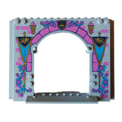 Panel 4 x 16 x 10 with Dark Pink Bricks, Roses and Flames, Torches, Dark Azure Vines, and Gold Lions on Dark Blue Banners Pattern: {умерено каменно сив}