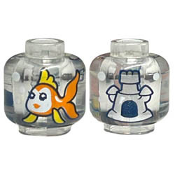 Minifigure, Head without Face with Orange Fish with Yellow Fins and White Face, Castle with Dark Blue Opening on Back Pattern - Vented Stud : {прозрачен}
