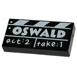 Tile 1 x 2 with Groove with Film Slate with White OSWALD and act:2 take:1 Pattern: {черен}
