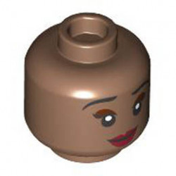 Minifigure, Head Dual Sided Female Black Eyebrows, Reddish Brown Eye Shadow, Dark Red Lips, Open Mouth Smile / Closed Mouth Smile Pattern - Hollow Stud : {умерено кафяв}