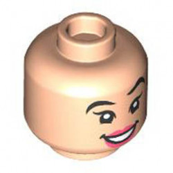 Minifigure, Head Dual Sided Female Black Eyebrows, Left Raised, Coral Lips, Open Mouth Smile / Angry Pattern - Hollow Stud: {светло нуга}