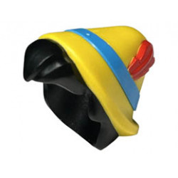 Minifigure, Hair Combo, Hair with Hat, Short Hair with Quiff with Molded Yellow Hat and Dark Azure Band and Printed Red Feather Pattern : {черен}