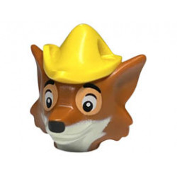 Minifigure, Head, Modified Fox with Molded Yellow Hat with Hole and Printed Black and White Eyes with Nougat Outline, Nose, Muzzle and Beard Pattern : {тъмно оранжев}