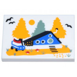 Tile 2 x 3 with Blue Cabin with Round Door and Windows, Bright Light Orange and Sand Green Trees Pattern: {бял}