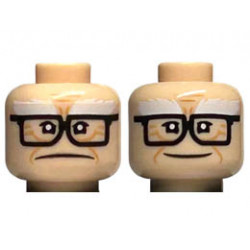Minifigure, Head Dual Sided White Bushy Eyebrows, Medium Nougat Wrinkles and Cheek Lines, Black Glasses, Frown / Smile Pattern - Hollow Stud : {светло нуга}