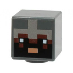 Minifigure, Head, Modified Cube with Pixelated Reddish Brown Face, Black Eyes and Beard, Nougat Mouth and Silver Armor Pattern (Minecraft Netherite Knight) : {тъмно каменно сив}