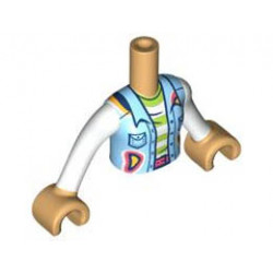 Torso Mini Doll Girl Bright Light Blue Vest with Pockets and Lime and White Striped Shirt Pattern, Medium Tan Arms with Hands with White Long Sleeves : {умерен тан}