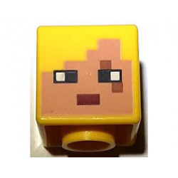 Minifigure, Head, Modified Cube with Pixelated Nougat Face, Black Eyes, Dark Red Mouth, and Medium Nougat Eye Scar Pattern (Minecraft Dragon Archer) : {ярко жълт}