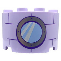 Cylinder Half 2 x 4 x 2 with 1 x 2 Cutout with Bright Light Blue Round Window with Silver Frame and Dark Purple Bricks Pattern: {лавандулов}