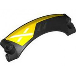Technic, Panel Car Mudguard Arched #42 9 x 2 x 3 Rounded Top with Pearl Dark Gray Air Vents and White X on Yellow Background Pattern Model Left Side : {черен}