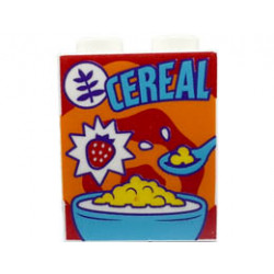 Brick 1 x 2 x 2 with Inside Stud Holder with Medium Azure CEREAL, Spoon, and Bowl, Strawberry on Orange and Red Swirl Background Pattern : {бял}