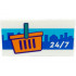 Tile 2 x 4 with 24/7, Orange Shopping Basket with Dark Turquoise Handle, and Blue City Landscape Background Pattern: {бял}