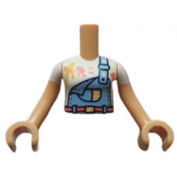 Torso Mini Doll Girl Bright Light Blue Overalls over White Shirt with Paint Stains Pattern, Medium Tan Arms with Hands with White Short Sleeves : {умерен тан}