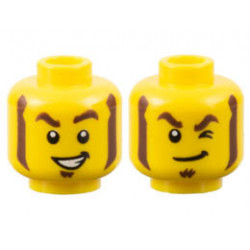 Minifigure, Head Dual Sided Thick Dark Brown Eyebrows, Mutton Chops, and Soul Patch, Lopsided Open Mouth Smile with Teeth / Lopsided Grin and Wink Pattern - Hollow Stud : {ярко жълт}