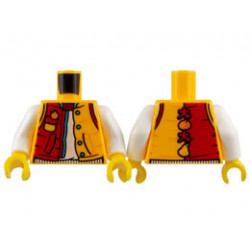 Torso Jacket, Red on Right, Medium Azure Snaps and Hem, Fruit and Chinese Logogram 大 (Big) on Back, White Shirt Pattern / White Arms / Yellow Hands : {огнено жълто-оранжев}