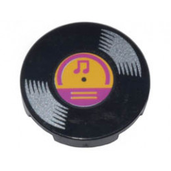 Tile, Round 2 x 2 with Bottom Stud Holder with Vinyl Record with Bright Light Orange and Magenta Center and Musical Notes Pattern: {черен}