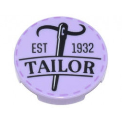 Tile, Round 2 x 2 with Bottom Stud Holder with Black Needle, Thread, EST 1932, TAILOR, and Medium Lavender Stitches Pattern: {лавандулов}
