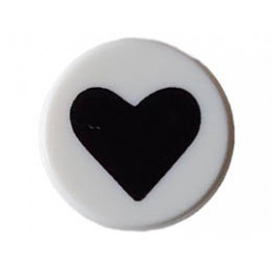 Tile, Round 1 x 1 with Black Heart Pattern: {бял}