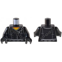 Torso Leather Jacket with White Trim and Belt, Silver Buttons and Chain over Orange and Yellow Flame Shirt Pattern / Black Arms / Black Hands : {черен}