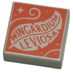 Tile 1 x 1 with Groove with WINGARDIUM LEVIOSA, Feather, Swirl, Dots and Sparkle on Coral Background Pattern: {бял}