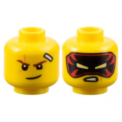 Minifigure, Head Dual Sided Reddish Brown Eyebrows, Scar and Bandage, Lopsided Grin / Black and Red Mask with Bright Light Yellow Eyes Pattern - Vented Stud: {ярко жълт}