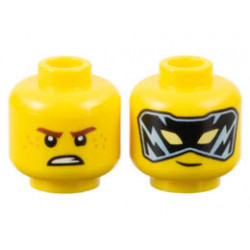 Minifigure, Head Dual Sided Reddish Brown Eyebrows, Medium Nougat Freckles, Scowl / Black and Bright Light Blue Mask with Bright Light Yellow Eyes Pattern - Vented Stud: {ярко жълт}