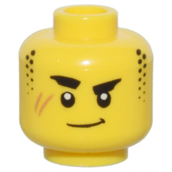 Minifigure, Head Thick Black Eyebrows, Stubble Sideburns, Medium Nougat Scar, and Closed Mouth Lopsided Grin Pattern - Vented Stud: {ярко жълт}