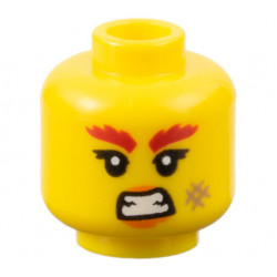 Minifigure, Head Female Red Bushy Eyebrows, Orange Lips, Dark Tan Scuff Mark, and Bared Teeth Pattern - Vented Stud: {ярко жълт}