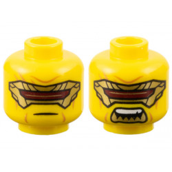 Minifigure, Head Dual Sided Gold Eye Mask with Dark Red Visor, Medium Nougat Wrinkles, Neutral / Open Mouth with Sharp Teeth Pattern - Vented Stud: {ярко жълт}