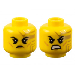 Minifigure, Head Dual Sided Female Black Eyebrows, Gold Circuitry and Lips, Medium Nougat Cheek Lines, Frown / Bared Teeth Pattern - Vented Stud: {ярко жълт}