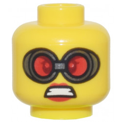 Minifigure, Head Female Goggles with Silver Frames and Red Lenses, Red Lips and Open Mouth Scowl Pattern - Vented Stud: {ярко жълт}