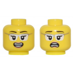 Minifigure, Head Dual Sided Female Black Eyebrows, Glasses with Silver Frames and White Lenses, Open Mouth Smile / Scared Pattern - Vented Stud: {ярко жълт}