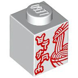 Brick 1 x 1 with Red Ninjago Logogram 'ENJOY', Chopsticks and Noodles in Bowl Pattern (Takeout Container): {бял}