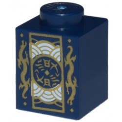 Brick 1 x 1 with Gold Dragons and Rectangle Emblem with Silver Half Circles Pattern: {земно син}
