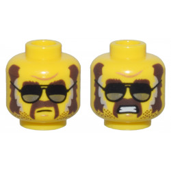 Minifigure, Head Dual Sided Dark Brown Eyebrows, Sideburns, Moustache, and Stubble, Black and Silver Glasses, Closed Mouth / Open Mouth Scowl Pattern - Vented Stud: {ярко жълт}