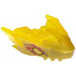 Dragon Head (Ninjago) Jaw Upper with Horns with Molded Pearl Gold Face and Printed Bright Light Yellow and Dark Red Eyes and Red Flames Pattern: {прозрачно жълт}