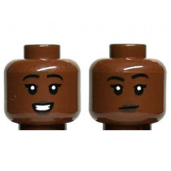 Minifigure, Head Dual Sided Female Black Eyebrows, Dark Brown Lips, Open Mouth Smile with Teeth / Neutral Pattern - Hollow Stud: {червеникаво-кафяв}