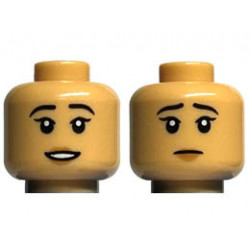 Minifigure, Head Dual Sided Female Black Eyebrows, Medium Nougat Lips, Open Mouth Smile with Teeth / Sad Pattern - Hollow Stud: {умерен тан}
