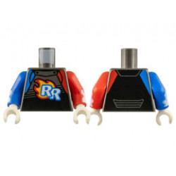Torso Race Suit with White RR on Red and Bright Light Orange Flames Pattern / Red Arm Left with White Flames Pattern / Blue Arm Right with White Flames Pattern / White Hands : {титаниево метален}