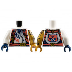 Torso Racing Jacket with Dark Blue Panels, Coral Harness Straps with Gold Buckles, Zipper, and Key on Keychain, Grumpy Cat Face on Back Pattern / Pearl Gold Arm Left with Armor Pattern / White Arm Right / Pearl Gold Hand Left / Dark Blue Hand Right: {бял}