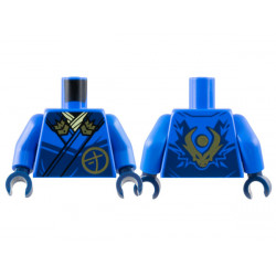 Torso Ninja Robe with Dark Blue Trim and Gold Buckles over Bright Light Yellow Sash, Ninjago Logogram Letter J in Circle, Dragon Head and Orb on Back Pattern / Blue Arms / Dark Blue Hands: {ярко син}