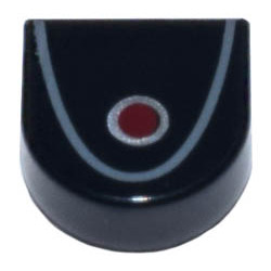 Tile, Round 1 x 1 Half Circle Extended with Red Circle with Silver Outline and Dark Bluish Gray Curved Line Pattern: {черен}